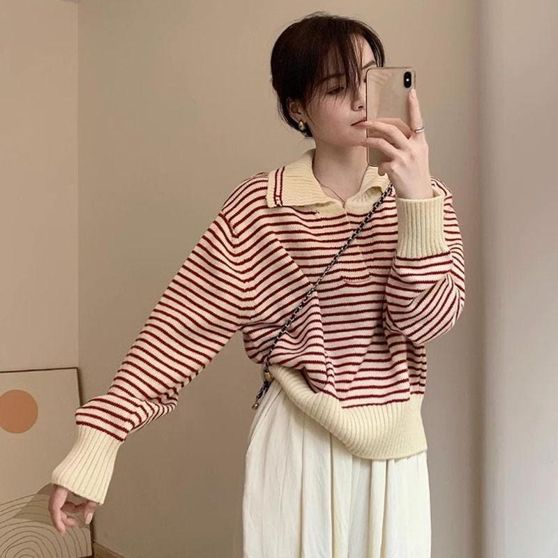 Pullover Sweater Female 2023 Korean Women Autumn Academy Sweater Loose and Slim Versatile Striped Top Long Sleeve Knit Sweater