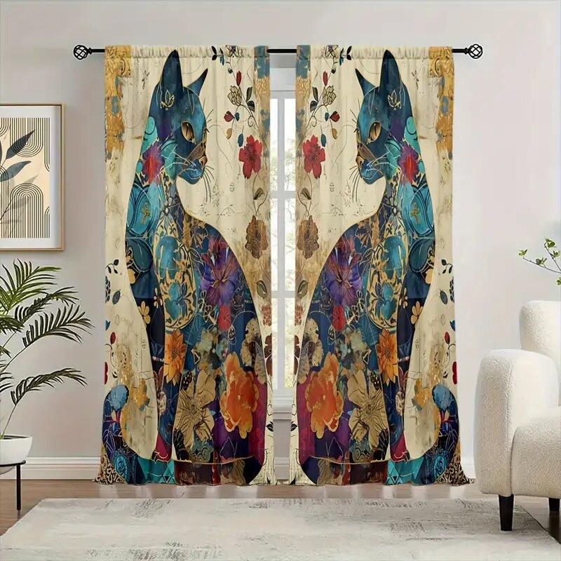 2 Pieces of Bright Artistic Cat and Floral Printed Curtains, Pole Bag Room Decoration, Home Decoration