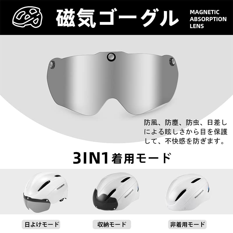 ROCKBROS Adult Bicycle Helmet with Magnetic Goggles for Road Impact CPSC Adjustable Size Equipped with LED Suitable for City and Cross Bikes with