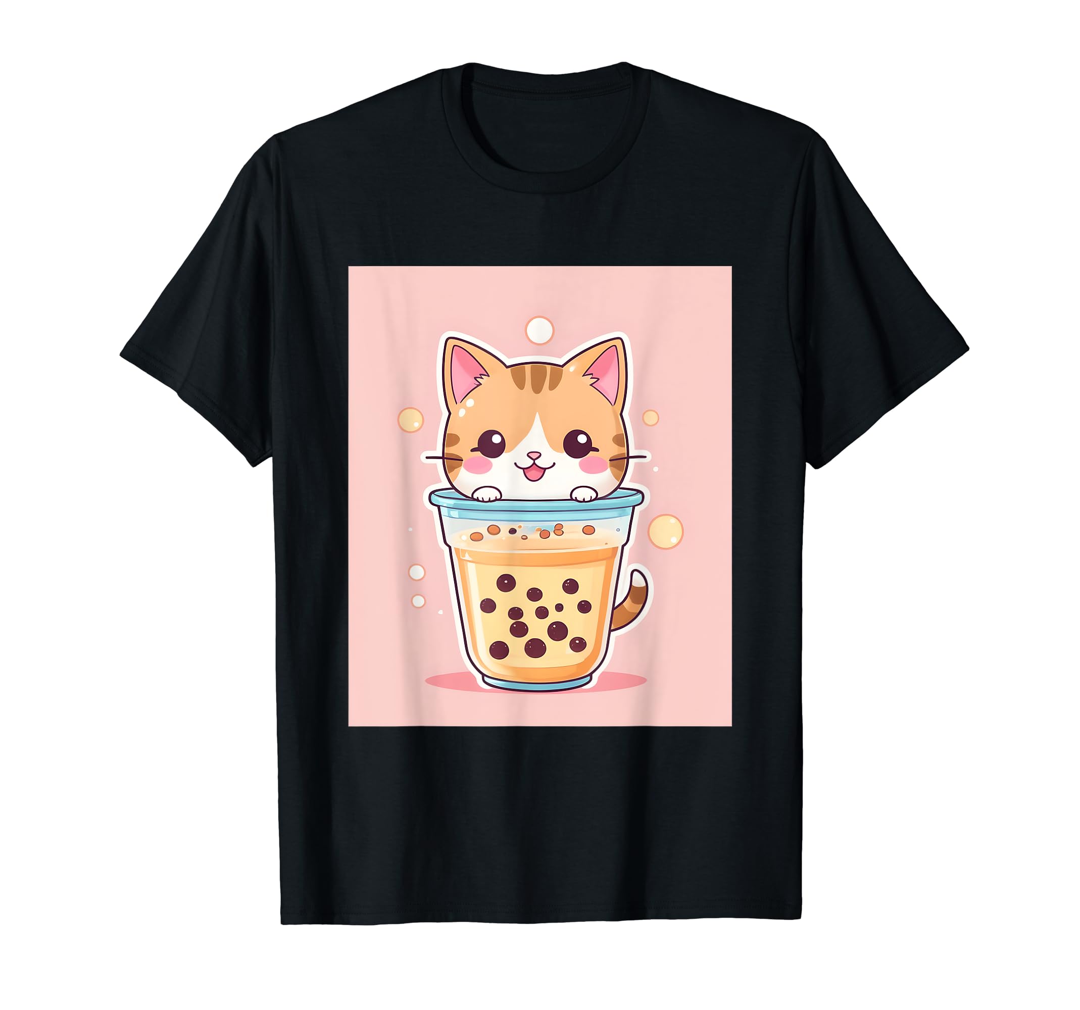 

bubble things printed Kawaii, cat, boba, tea, cute, Japanese, T-shirt чорний
