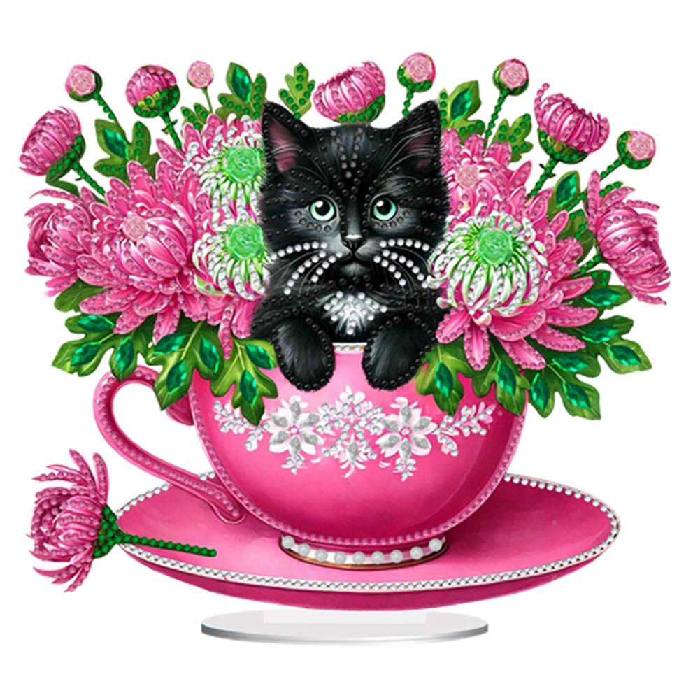 2D Flat Teacup Cat DIY Table Top Diamond Painting Ornament Kits Desktop Diamond Art Kits 5D DIY Diamond Art Tabletop Decorations