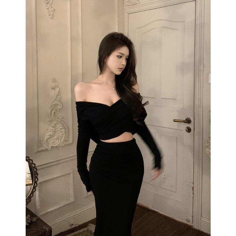 Fashion Elegant Long Sleeve Hoodie Top and High-waisted Fishtail Hip Skirt Suit for Women Spring Autumn Casual Slim Fit Simple Clothes Outfits 2845