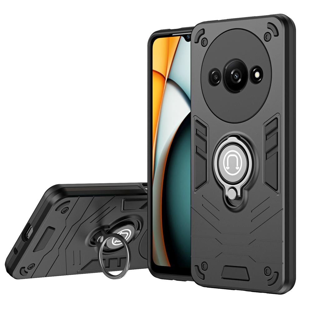 KEYSION Shockproof Armor Case for Redmi A3 Slide Camera Lens Protection Ring Stand Phone Back Cover for for Xiaomi POCO C61