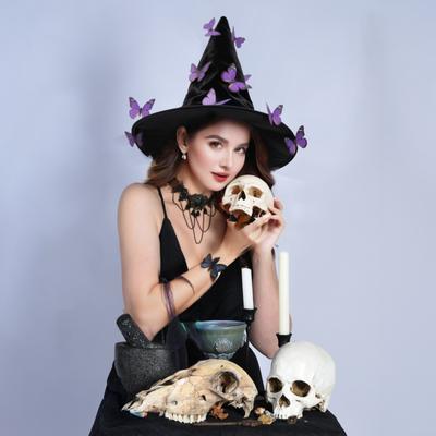 Cadı Şapkası 12 Kelebek Dekorlu Bükümlü Kenarlı Halloween Partileri Cosplay Kostüm Şapkası Cadı Kostümü Aksesuarı