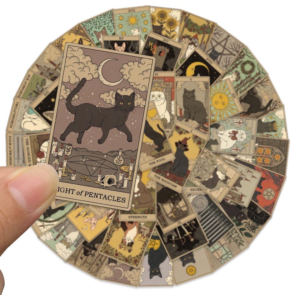 Cute Cartoon Cat Tarot Card Stickers Waterproof Retro Style Suitable For Luggage Skateboards Computers Tablets