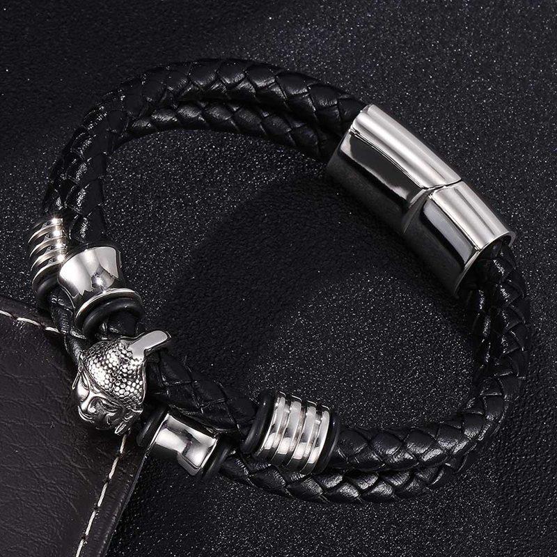 Bracelet Homme Tête de Bouddha Jonc Cuir Véritable Accessoires Fermoir Acier Inoxydable Bracelet Homme Bijou Porte-Bonheur