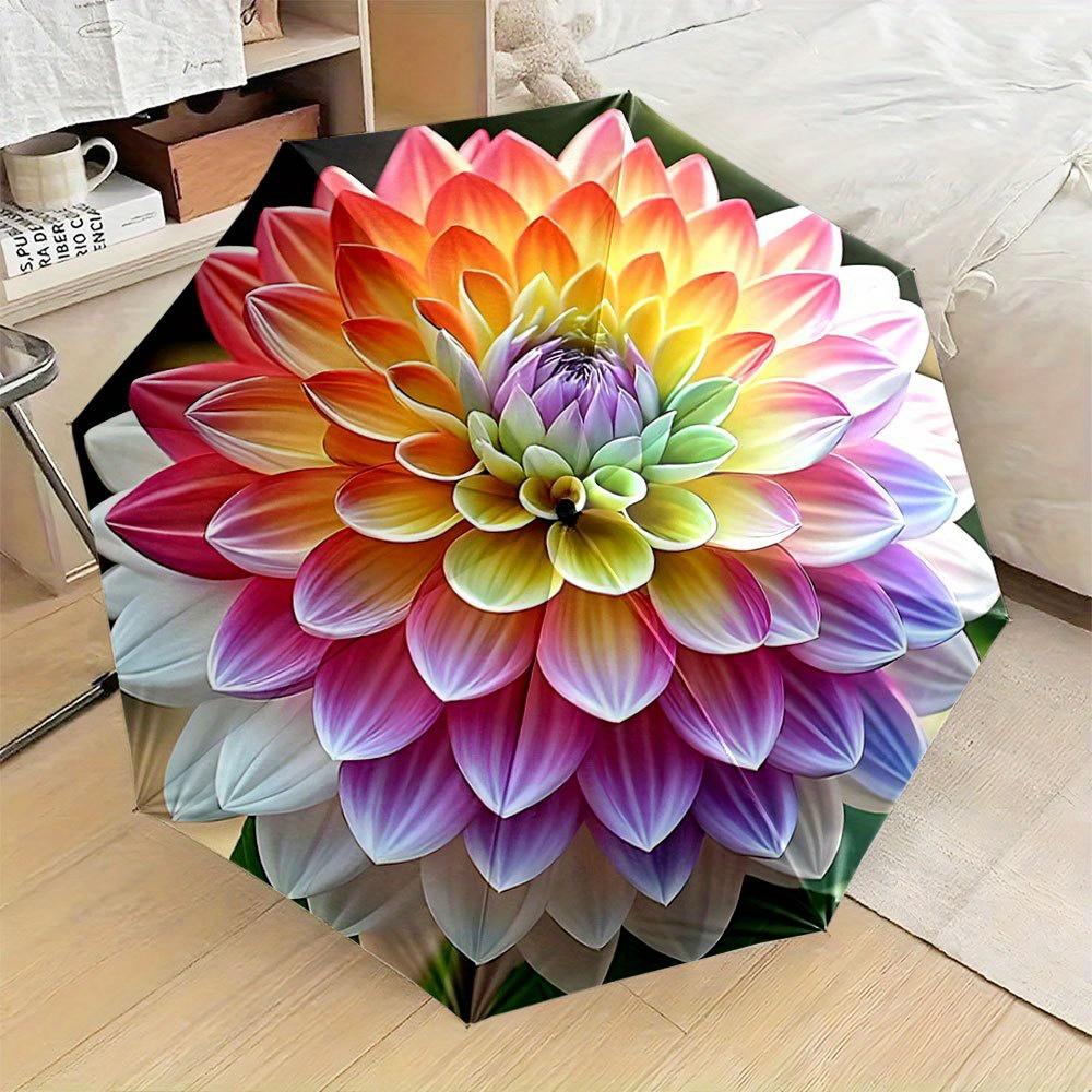 

Automatic Folding Umbrella with Vibrant Rainbow Dahlia Flower Design - Portable Collapsible 8-Rib Durable Canopy, Auto Open/Cl Iron&8K