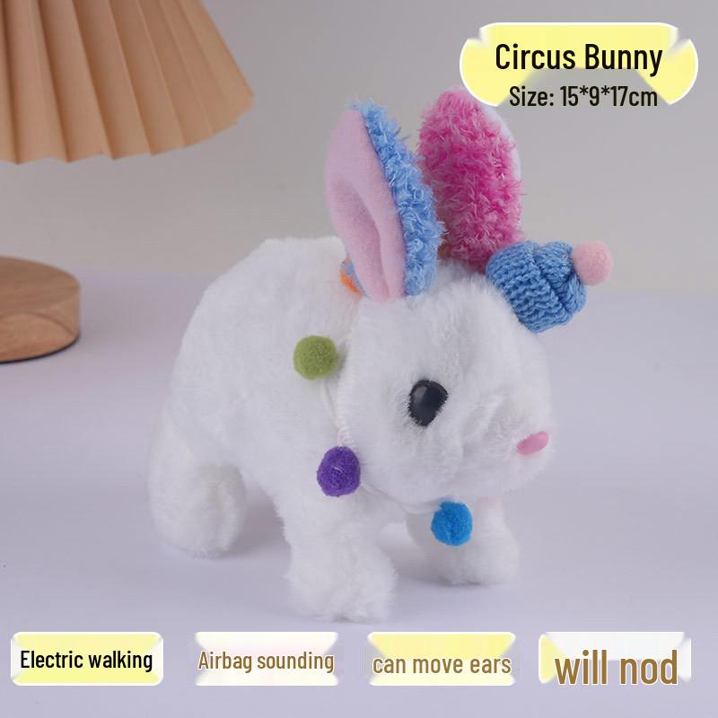 Plush Interactive White Rabbit Toy - Walking, Talking, Ear-Wiggling, Mouth-Moving Long-Haired Pet Simulation.