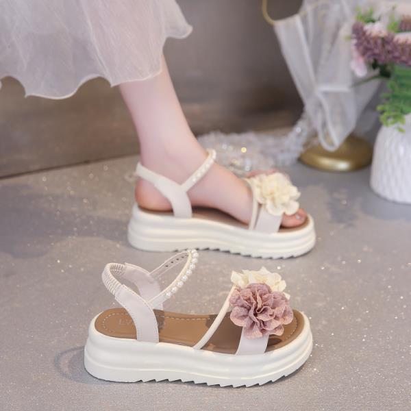 Fashion 2025 Sandals Retro Woman Shoes Open Toe Summer Heels All-Match New Original Peep Flat Outside Pearl Girls Floral Flower
