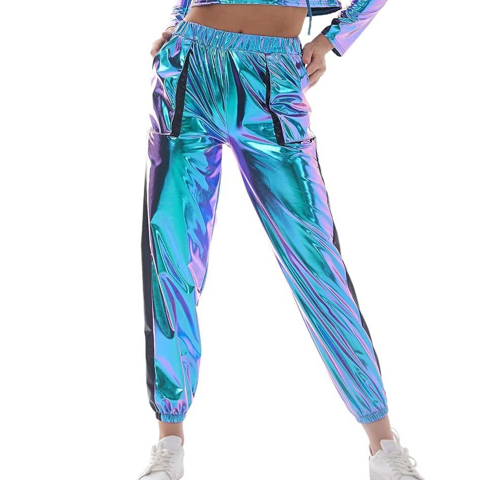 

Женские блестящие голографические эластичные металлические брюки-джоггеры с высокой талией, спортивные брюки в стиле хип-хоп и клубного рейва L синий/разноцветный