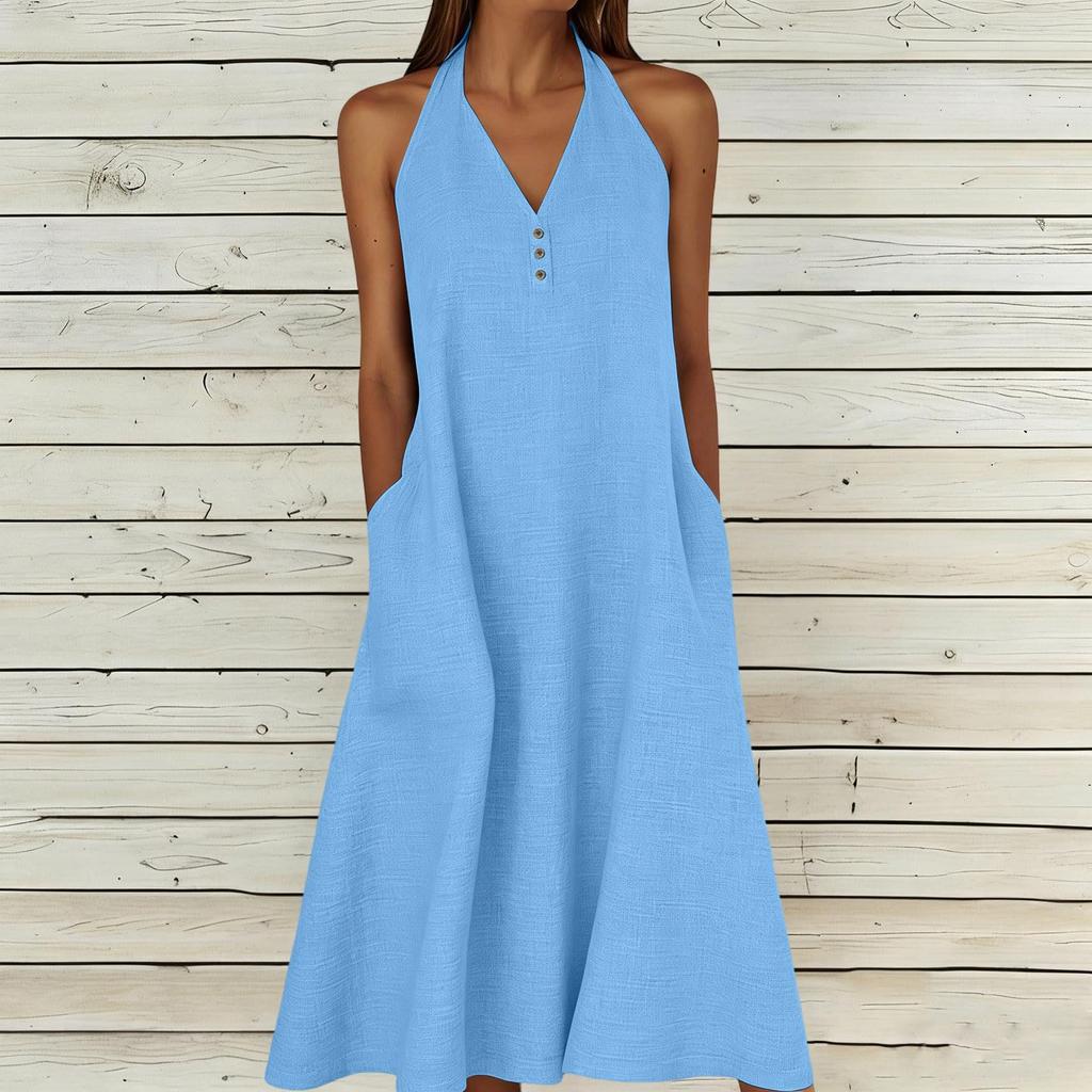 Fashion Women's Summer Dress Cotton Linen V-neck Backless Dress With Pockets Sun Skirt