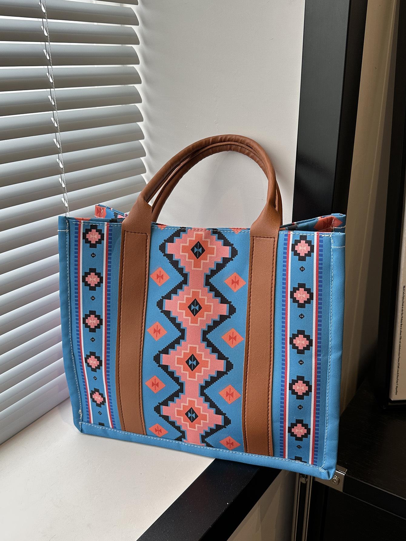 

Printed canvas bag 2025 summer new portable class commuter bag fashionable large capacity ethnic style tote bag women озеро синий