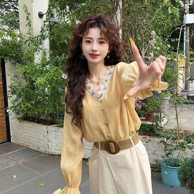 

Женские рубашки с V-образным вырезом, длинными рукавами, в стиле пэчворк, с крючком и цветочным узором, в французском ретро-стиле, однотонные, осенние, свободные, на пуговицах, женские блузки XL жёлтый