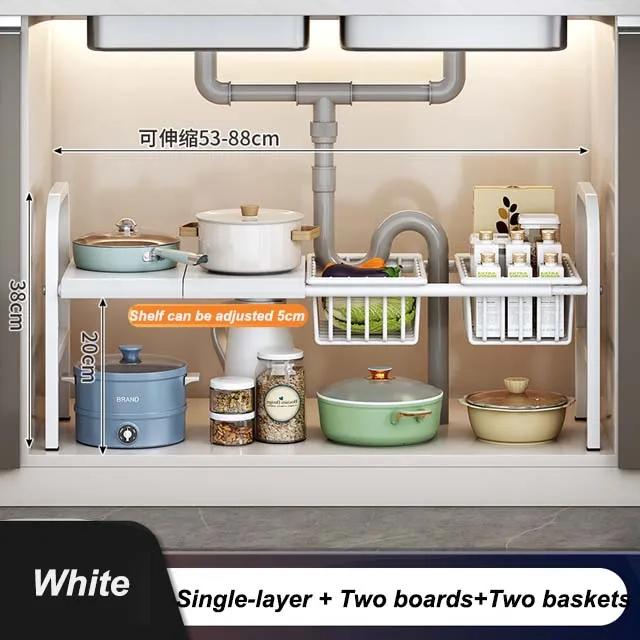 Kitchen Under Sink Adjustable Pot Rack Multifunctional Dish Pans Snacks Cookware Storage Rack Countertop Cabinet Storage Basket