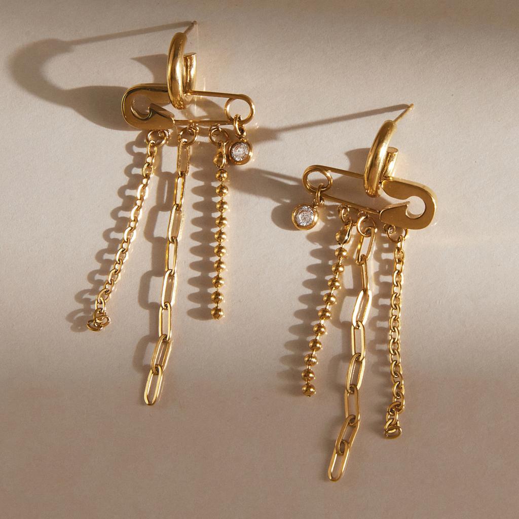 Youthway Classic Pin Tassel Chain Zircon Drop Earring For Women 18K Gold PVD Plated Stainless Steel Earring Jewelry