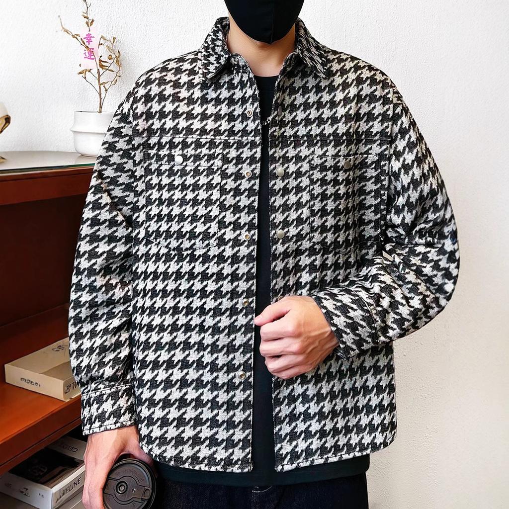 Retro Houndstooth Shirt Jacket for Men's New Casual Lapel Jacket