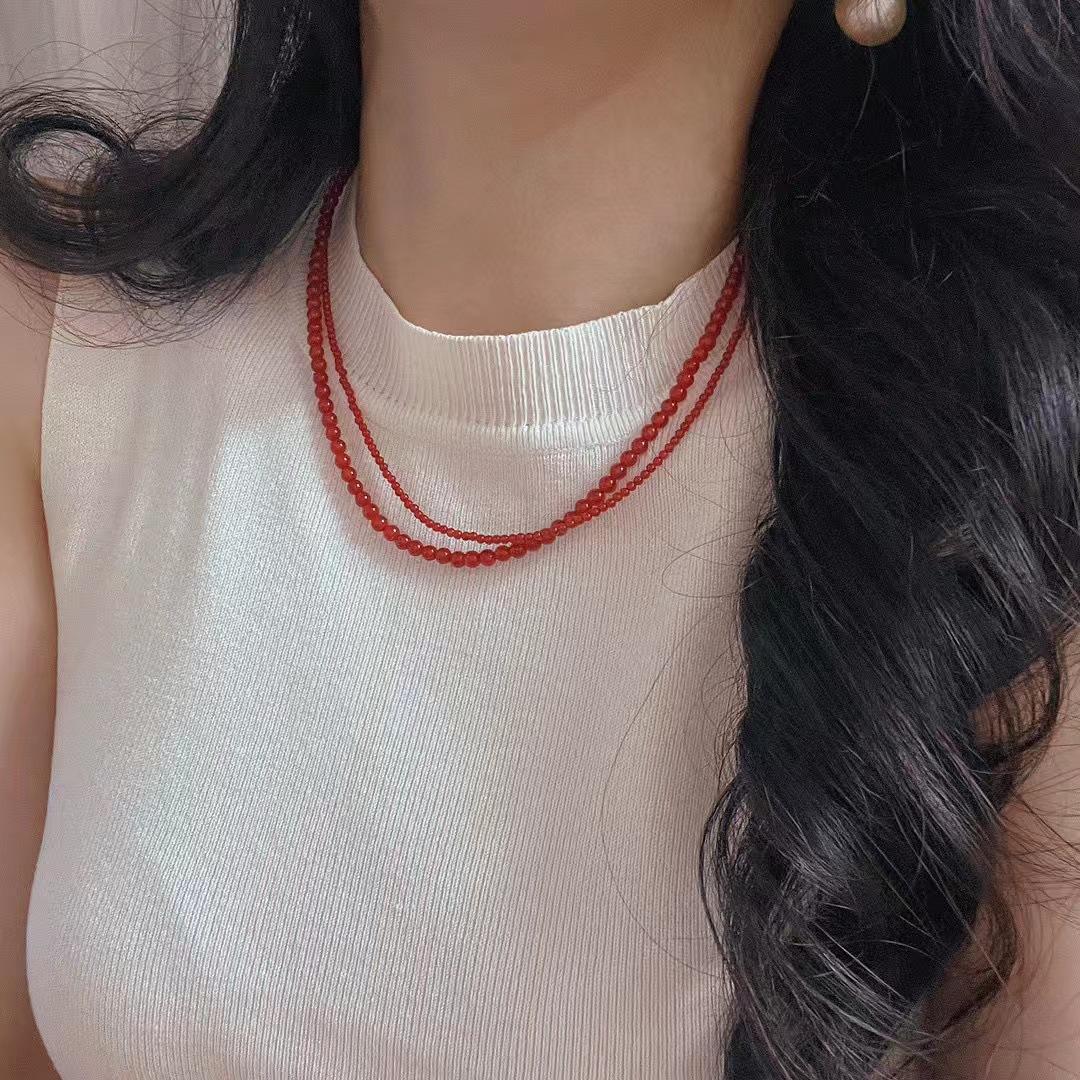 Vintage Pigeon Blood Red New Year Red Natural Chalcedony Agate Double Clavicle Chain Baby Bead Necklace