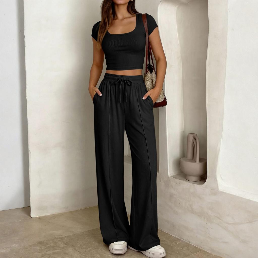 Ladies' Casual Slim Fit Two-piece Set With Short Sleeves And Long Pants