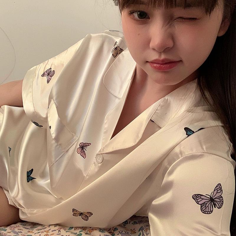 

Весенне-летняя пижама из ледяного шелка, женская, с короткими рукавами и шортами, высококачественная, с принтом бабочек, одежда для дома, можно носить на улице 2XL