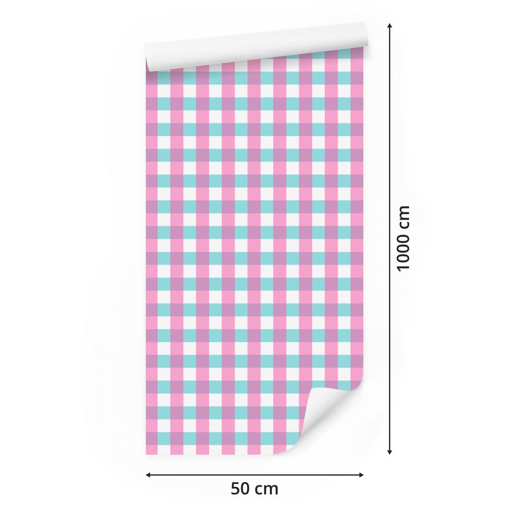 Pink and Blue Checkered Wallpaper, White and Celadon, 50x1000