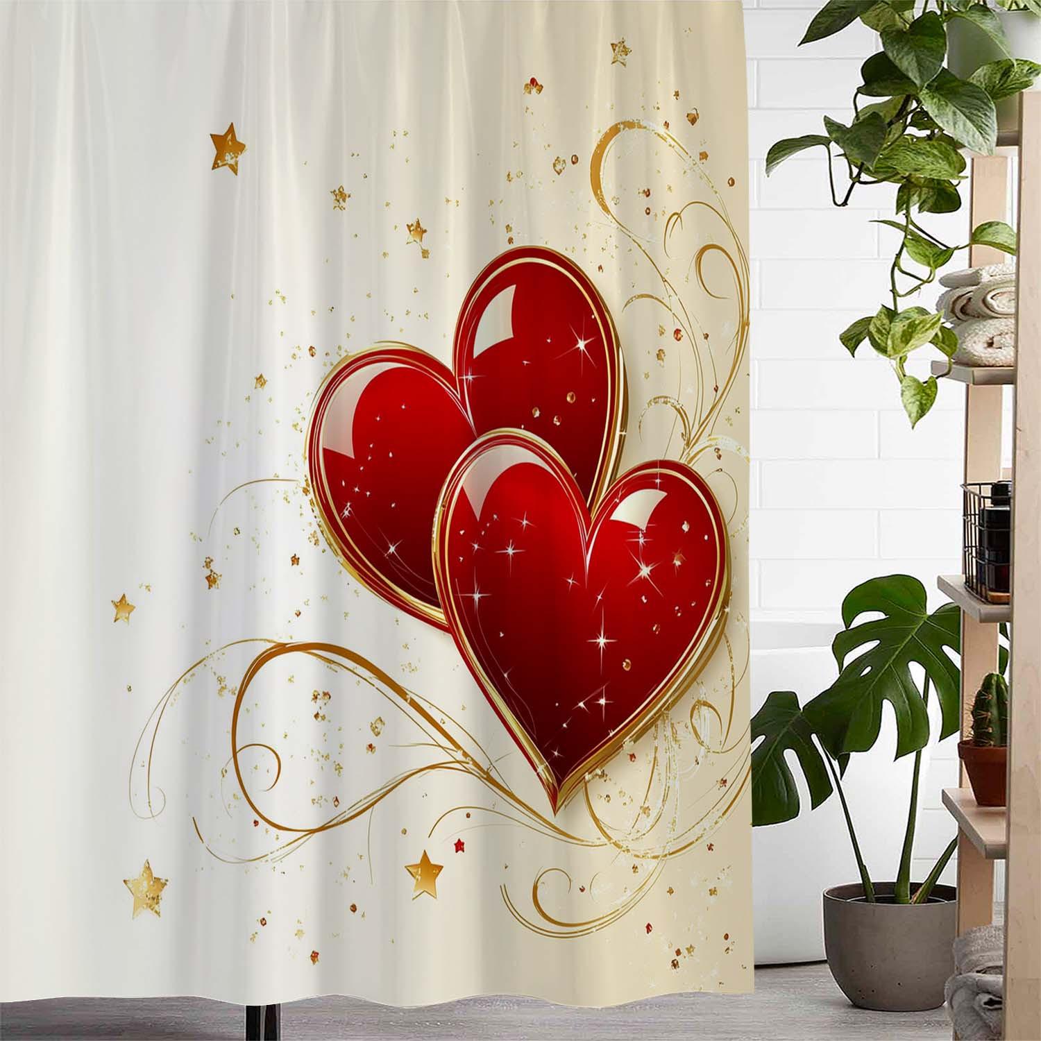 

Valentine’S Day Golden Swirls & Sparkling Hearts Shower Curtain – Waterproof Polyester With Machine Washable Bathroom Decor W60H190(CM)-1 Pcs