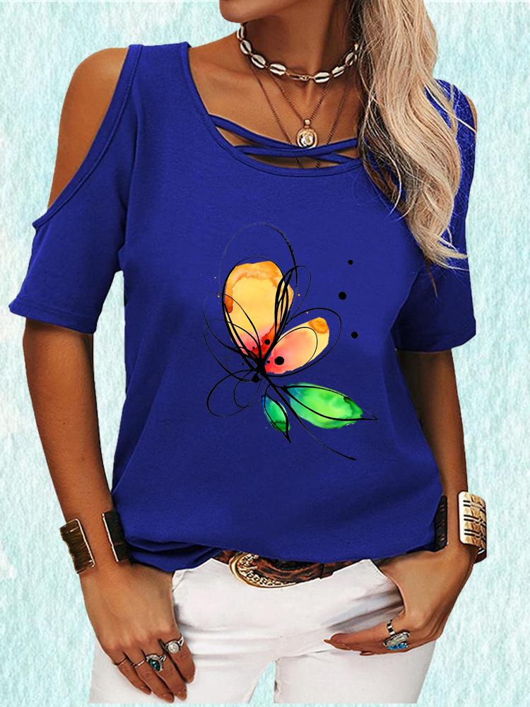 Off Shoulder Women Tee Shirt Casual Short Sleeve Top Round Neck T-shirt Summer Print Tee Shirt