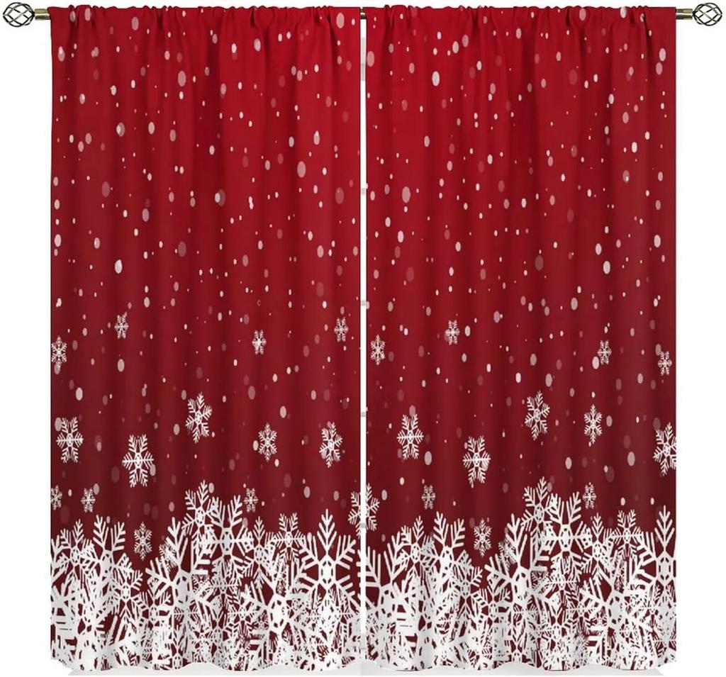 Christmas Curtains Red White Snowflakes Xmas Merry New Year Winter Holiday Party Decor Window Drapery Treatments Curtain Made Of Polyester