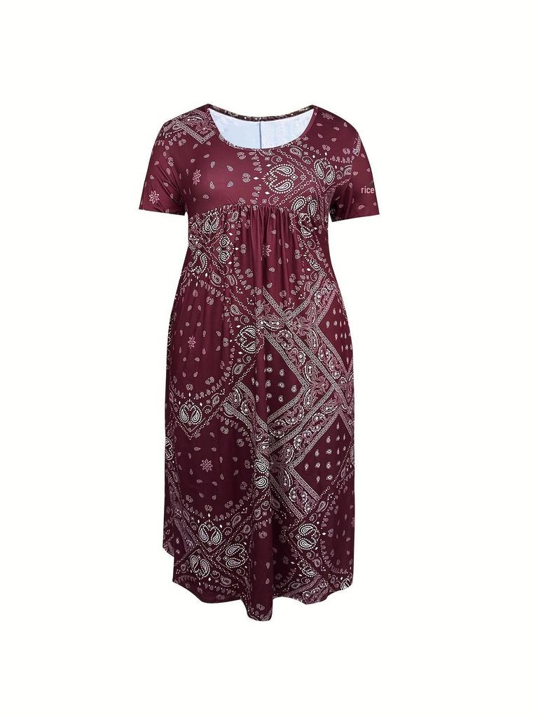 Europäisches & Amerikanisches Sommer Retro Print Mittelhoher Taillenlanger Kleid - Kurzarm, Rundhalsausschnitt, Bequemer Lässiger Stil Pullover