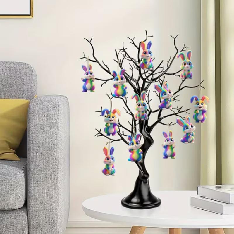 12 st Färgglada Påskhare Hängande Ornament-Regnbågsrandiga Träkanindekorationer till Påsk, Väskberlocker&Festlig Heminredning