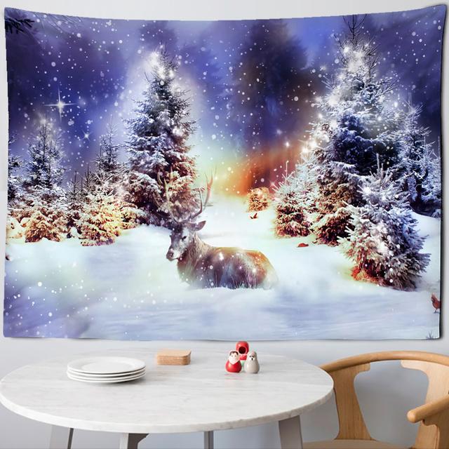 Christmas Snowman Tapestry Illustration Psychedelic Forest Wall Hanging Cute Cartoon Holiday Gift Living Roomdedroom Home Decor