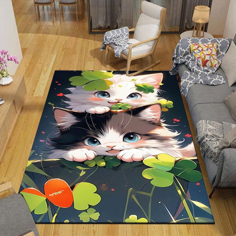 1pc Clover and cat Design Indoor Area Rug - Soft, Anti-Slip, and Durable Gaming Room Decor for Bedroom