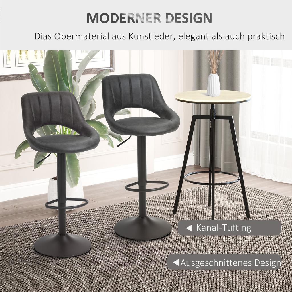 Bar Stool Set of 2, Faux Leather Look, Swivel, Height Adjustable, Footrest, Metal Frame, 47 x 52 x 87-109 cm, Grey