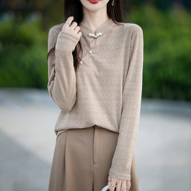 

Новий в язаний светр з коміром-стійкою в китайському стилі для ранньої осені, з жакардовим візерунком і косою застібкою, вільний базовий топ XXL Кіновар