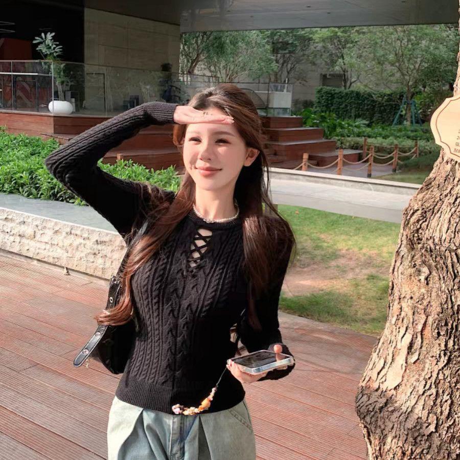 Women's Crew Neck Hollow Out Knitted Top Autumn Winter Slim Fit Long Sleeve Cable Knit Sweater Tight Base Layer Upper Garment