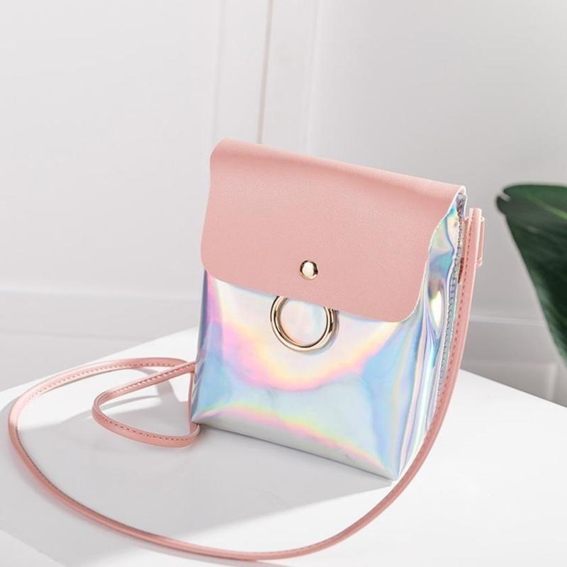 Women  Laser Cover Ring Hasp Crossbody Bag Ladies Coin Phone Shoulder Bag Solid Color Shoulde