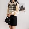2025 Autumn Black & White Striped Puff Sleeve Sweater Knitwear Top