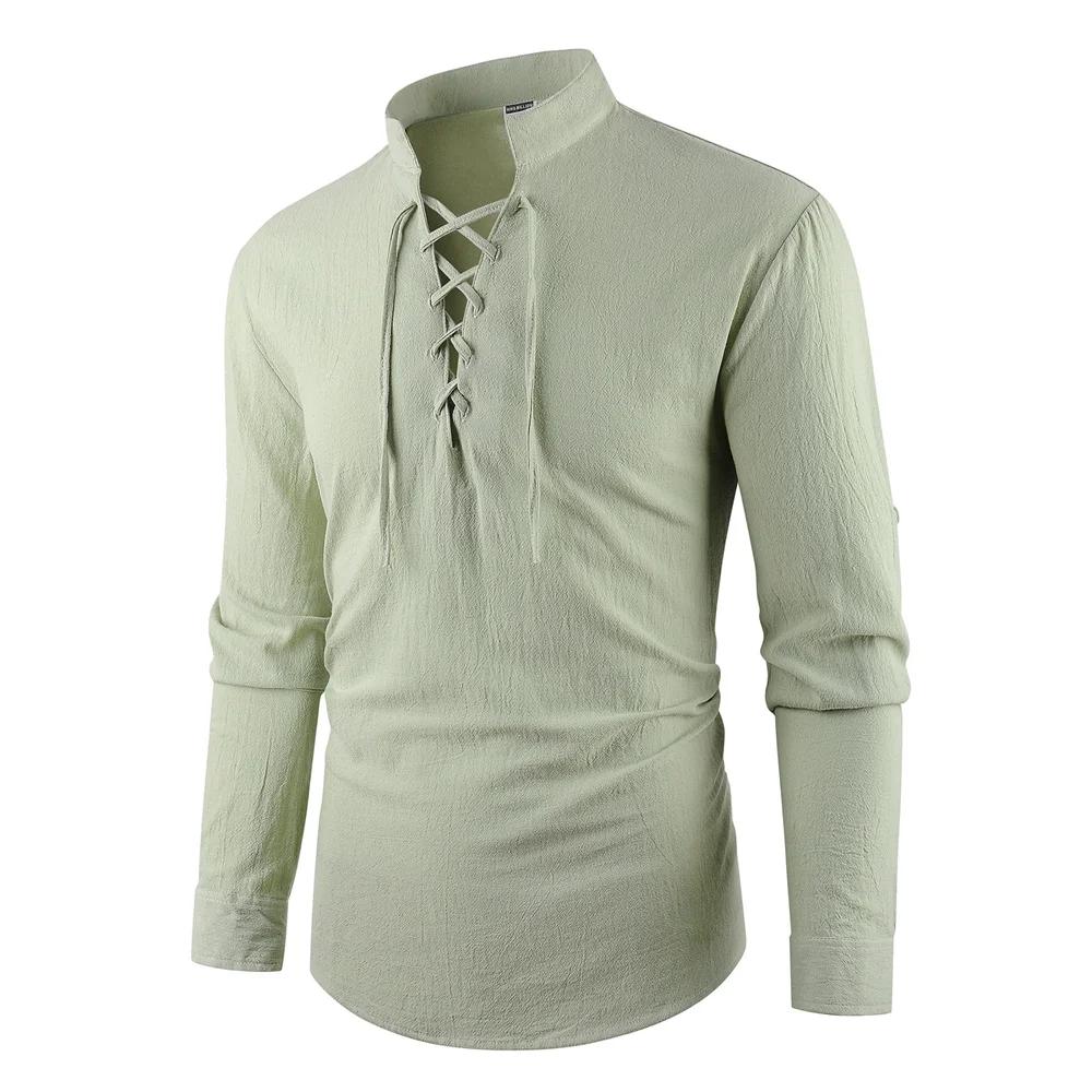 Men's Vintage V-neck T-shirt Cotton Linen Pirate Medieval Viking Gothic Tops Shirts Long Sleeved Cospaly Halloween Party Top