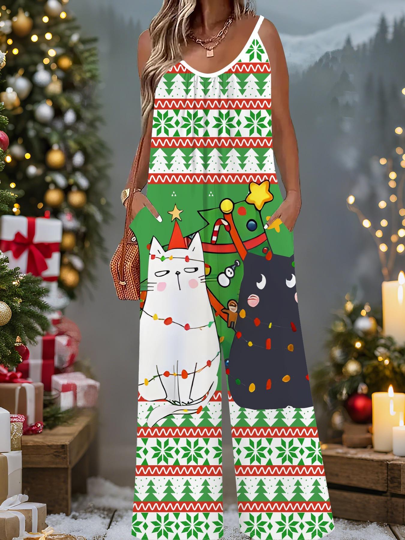 

Женский модный комбинезон, одежда больших размеров, повседневная модная одежда, графический дизайн с рождественским принтом, для вечеринок, рождественская одежда 4XL зелёный