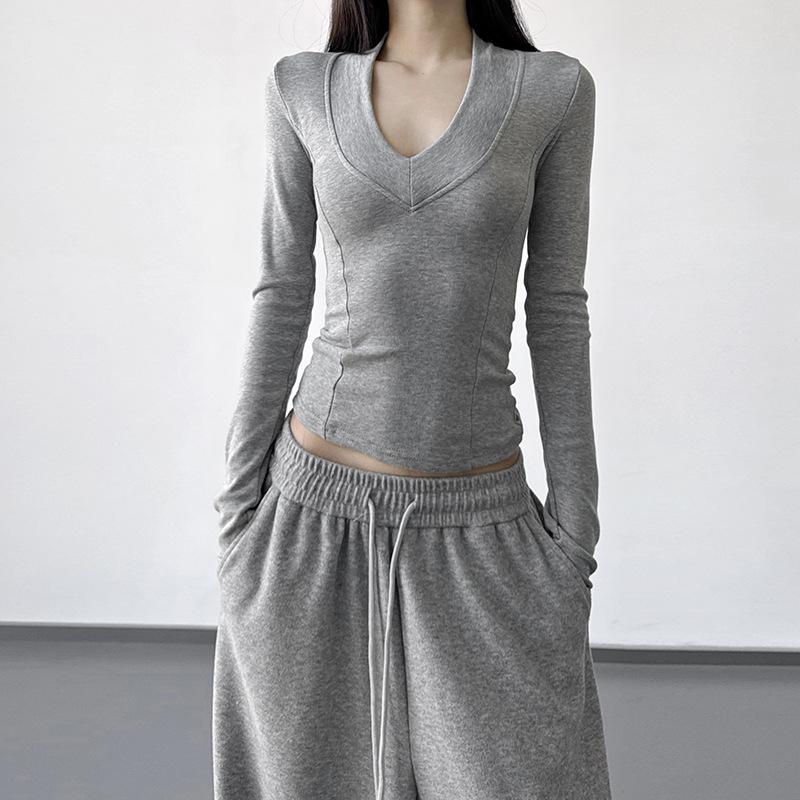 2025 Winter Women s Slim-Fit V-Neck Long Sleeve White Base Shirt Large серый