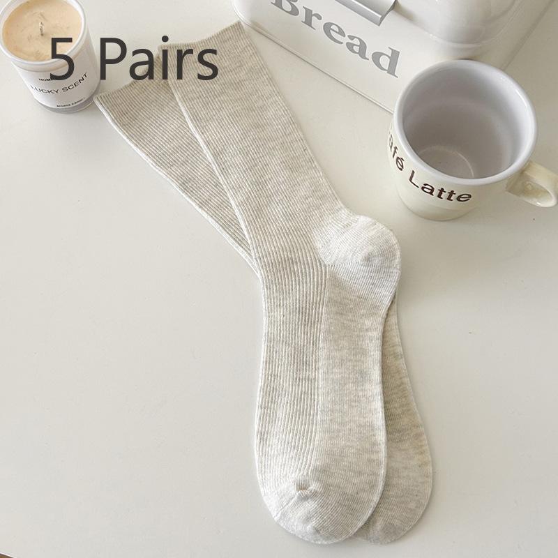 

5 Pairs of Women s Spring and Autumn Solid Color Thin Striped Striped Trendy and Versatile Sweat-absorbing Mid Calf Stackable Socks 5 Pairs серый