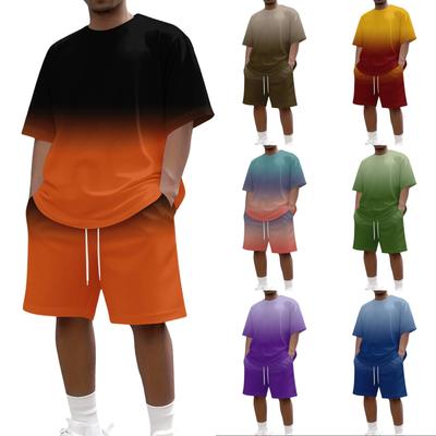 Men's Gradient Print Casual Short Sleeve Crew Neck Top with Matching Shorts Set Lightweight Breathable Summer Outfit