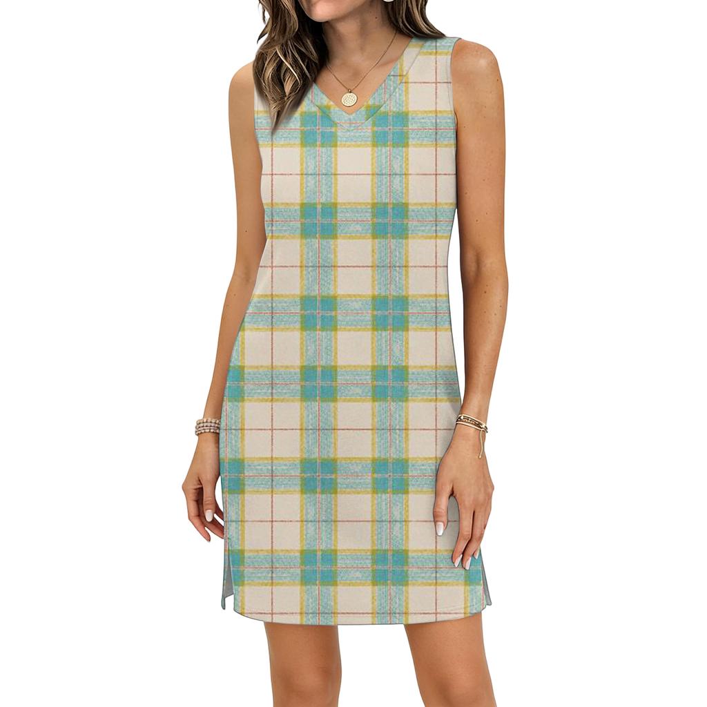 Women's Casual V-neck Sleeveless Split Hem Plaid Print Dress