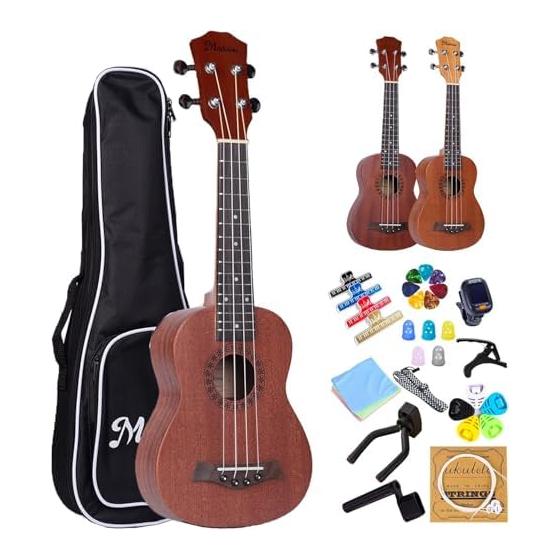 Mademu Ukulele Mahogany Soprano Ukulele Beginner Set 13 Pieces 21 Inch For Beginners Tuner, Case, Strap, Pick, Instruction Book Included Ukulele