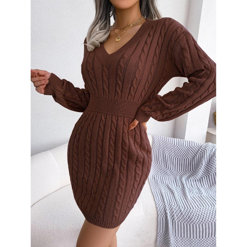 Damen Pulloverkleider Cocktail V-Ausschnitt Strickkleid Pullover Etuikleid