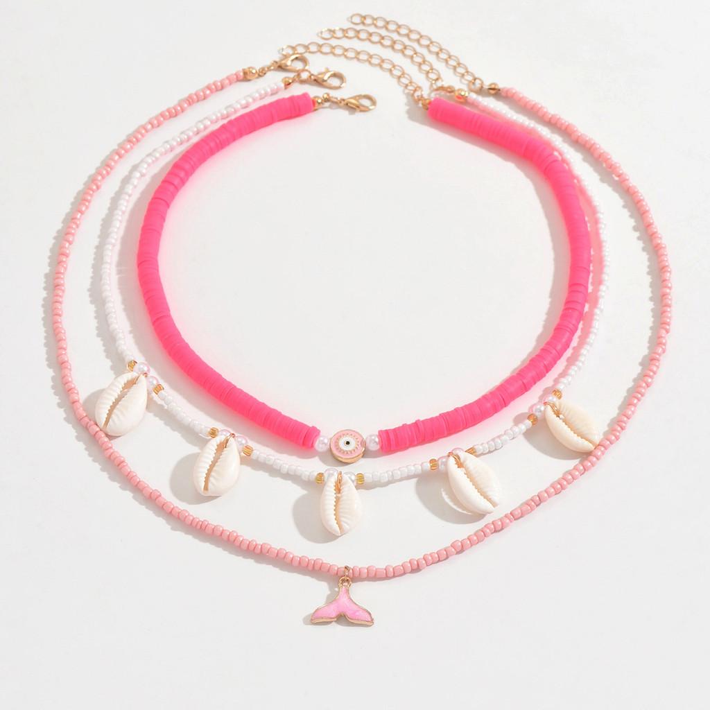 Bohemian Coastal Necklace For Women With Layered Shell Pendant And Geometric Beads For Summer Wear Pink