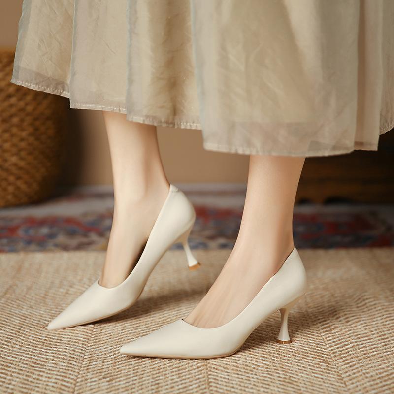 3351-18 French Solid Color Thin Heel Pointed High Heels Women's 2025 Professional Simple and Comfortable Work Shoes Single Shoes Women