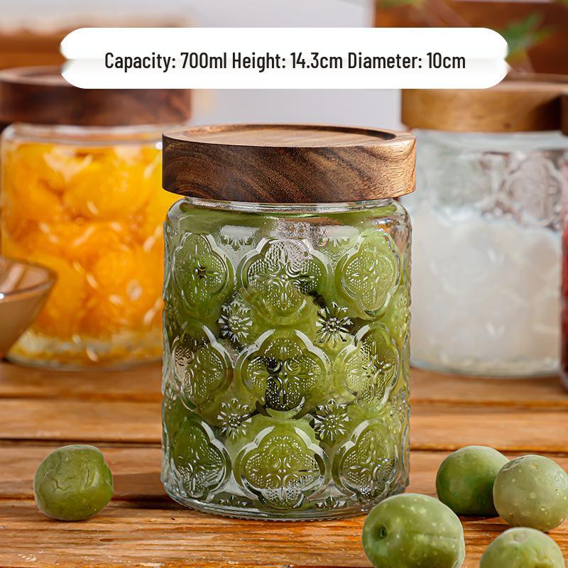 

Герметичная стеклянная банка для хранения объемом 700 мл с резьбовой крышкой из акации и винтажным дизайном цветка бегонии
