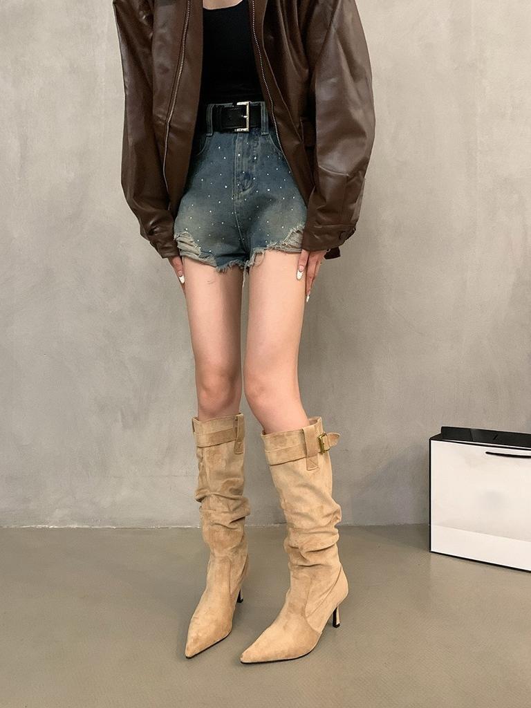 High Heel Boots Pointed Head Brown Skinny Boots Long Knight Boots Spring and Autumn Temperament Pile Long Boots