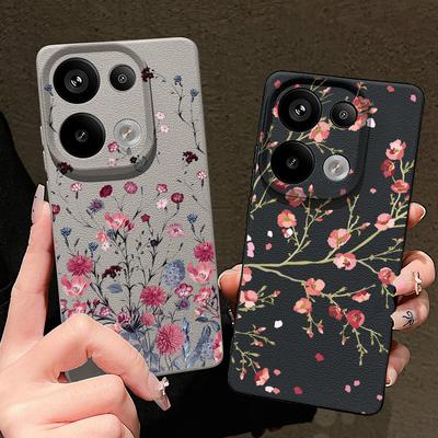 Custodia Rossa con Stampa Floreale in TPU con Texture in Pelle Opaca per Xiaomi 13T Poco X6 M6 Pro Redmi Note 14 Pro 13 12 11 10 Pro Sottile Morbida Antiurto