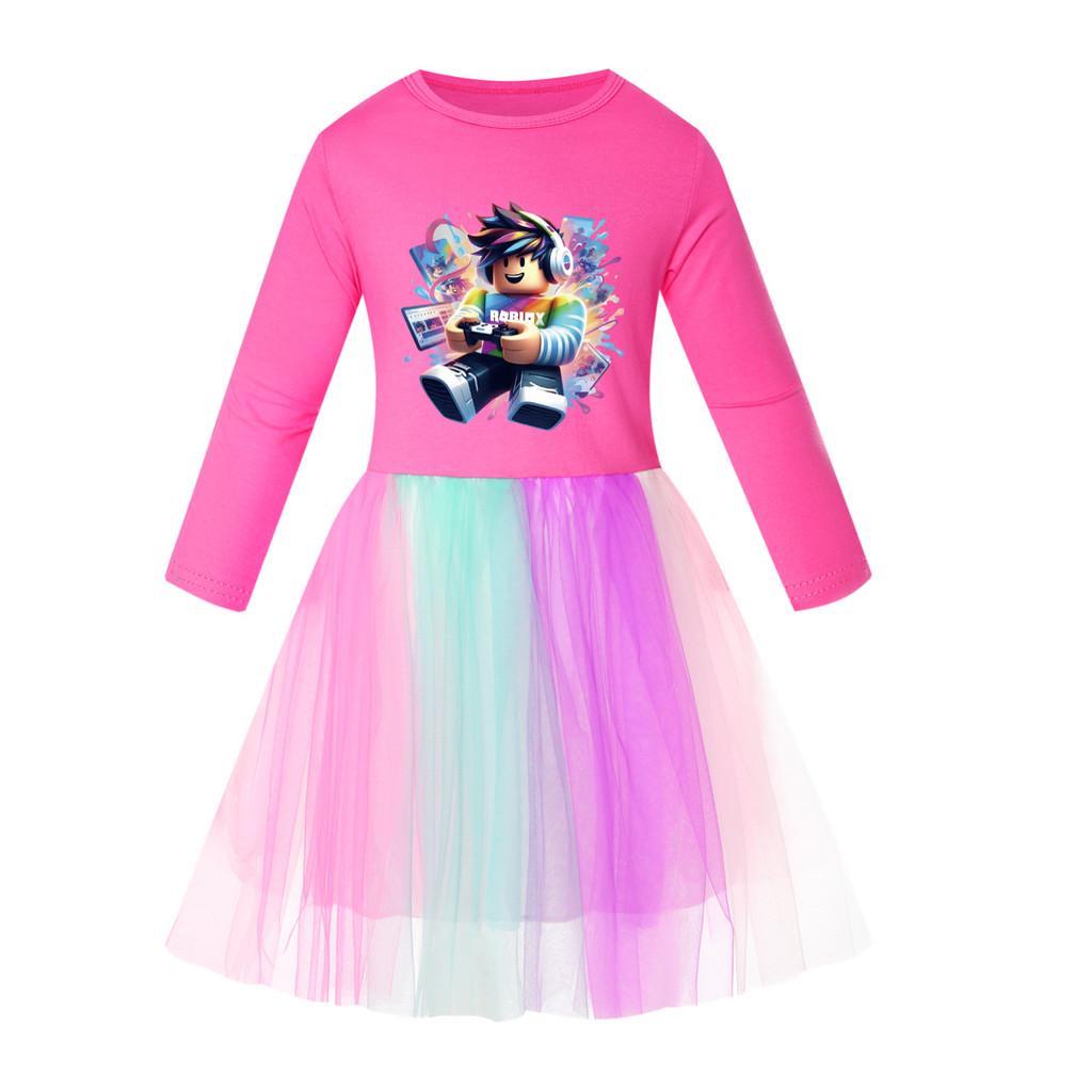 5529 Kids Girls Roblox Print Mesh Rainbow Round Neck Dress